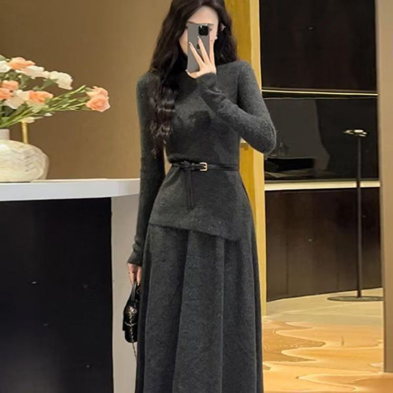 Asymmetrical Hem Knitted Midi Dress with Belt