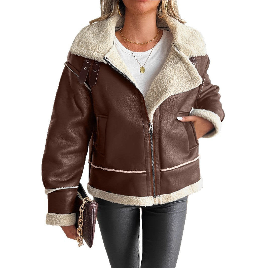 Leather Jacket for Women with Teddy Lining