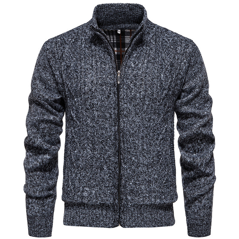 Men's Cable Knit Cardigan with Stand-Up Collar