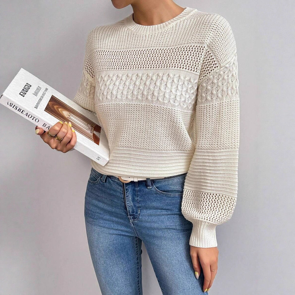 Cozy Cable Knit Sweater Featuring Open Stitch Design