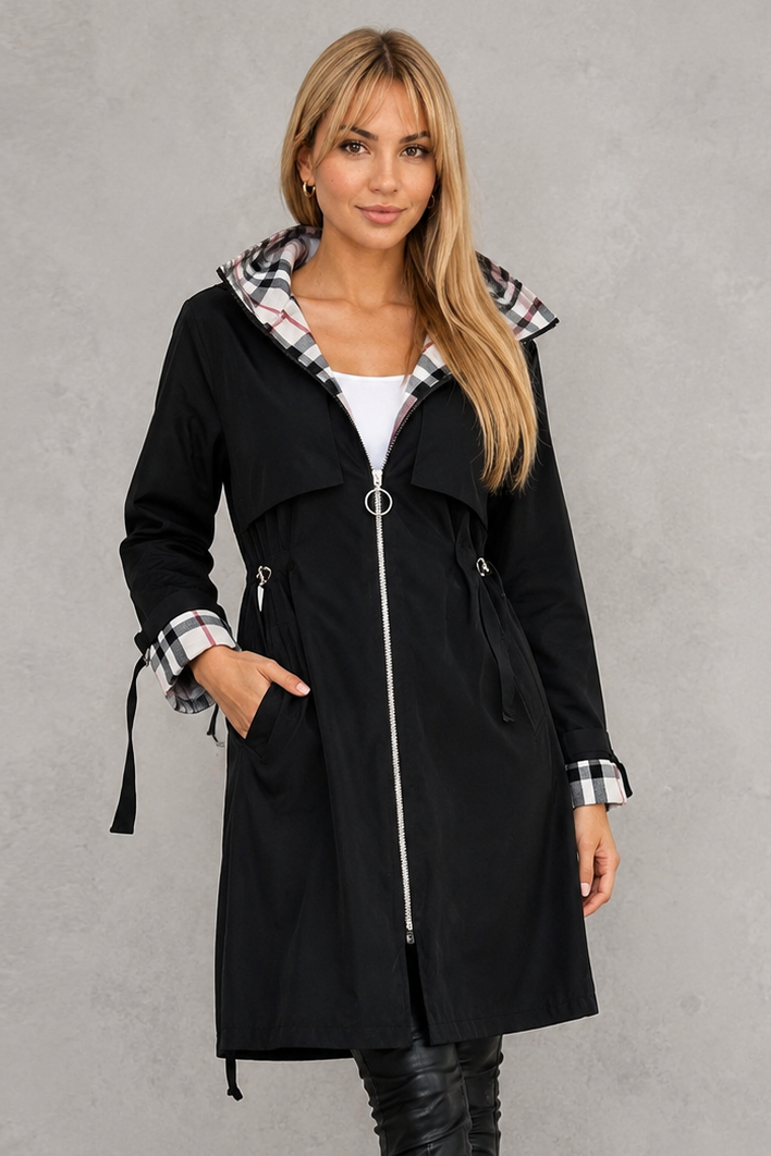 Women's Waterproof Hooded Jacket with Checked Trim