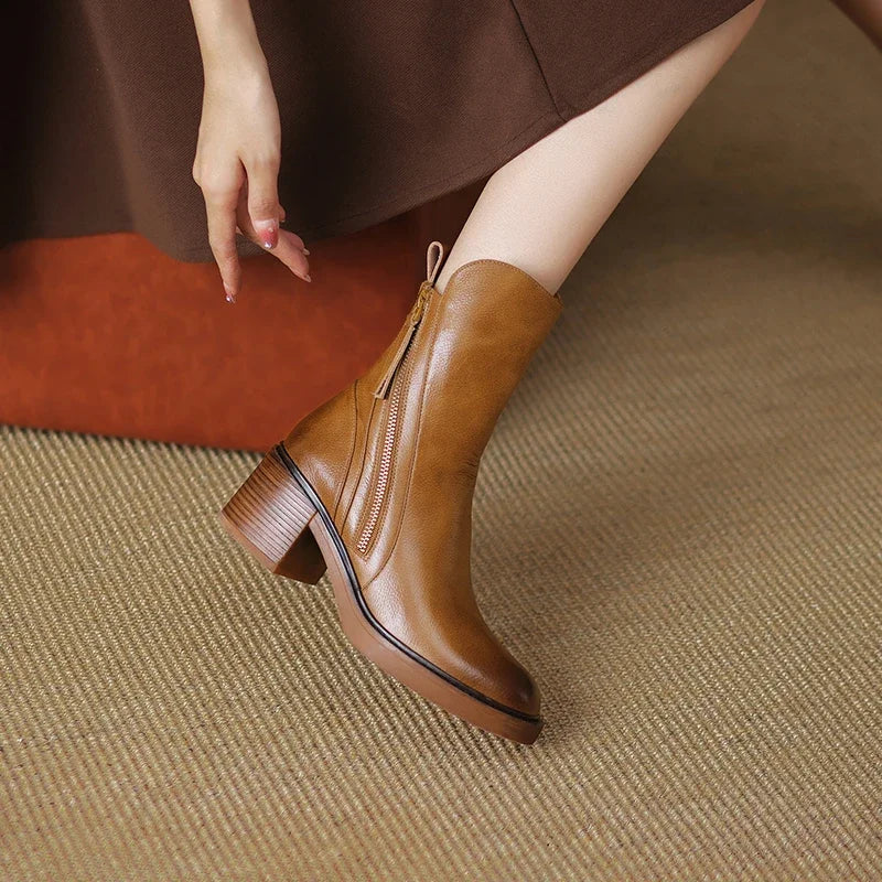 Chic Women's Authentic Leather Ankle Boots with Block Heel