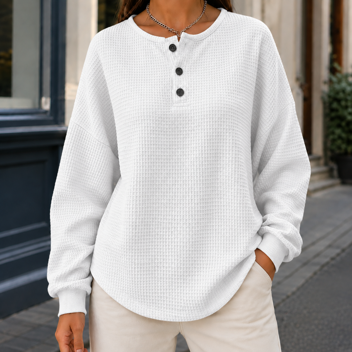Cozy Women's Waffle Knit Henley Sweater
