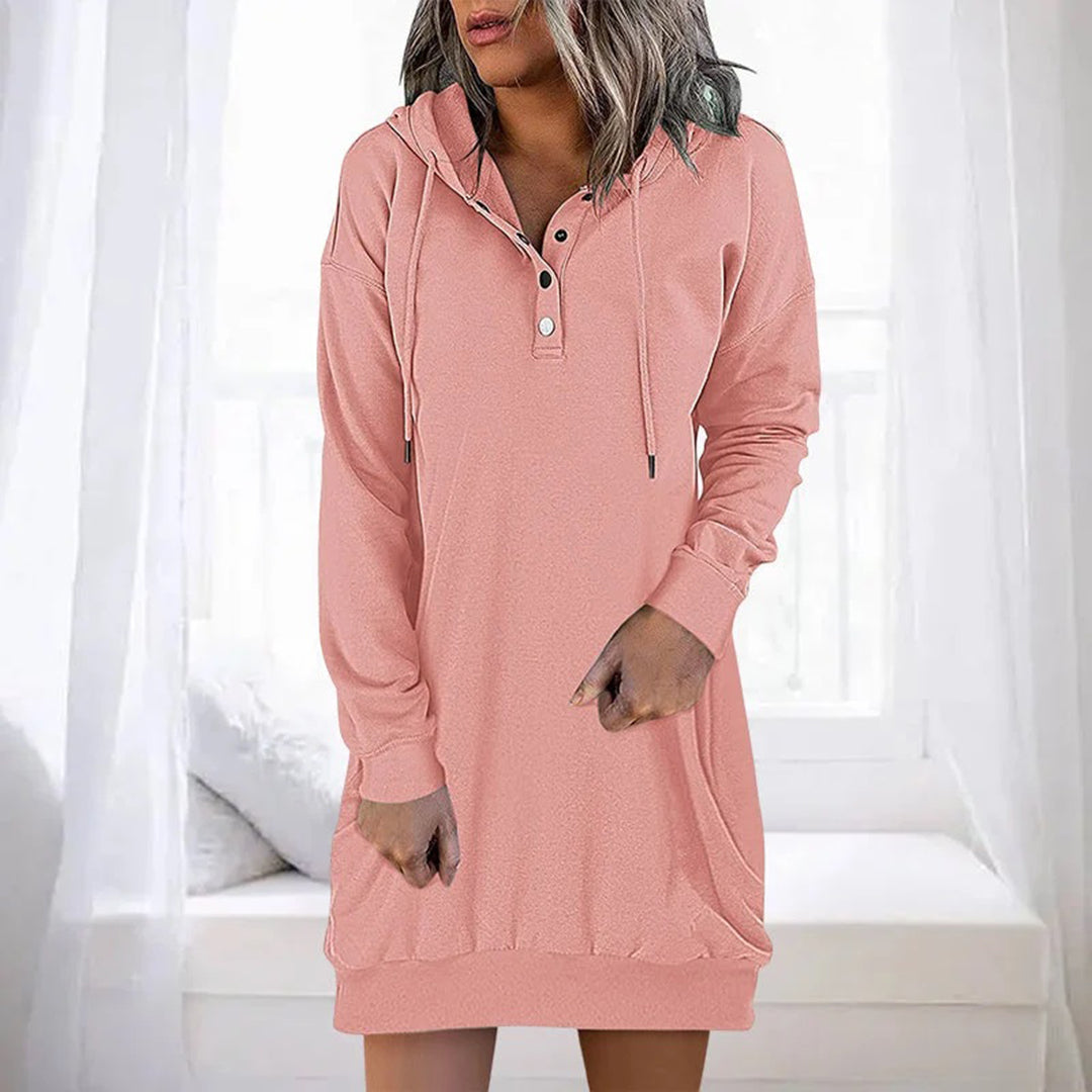 Cozy Hooded Dress Featuring Buttons and Pockets