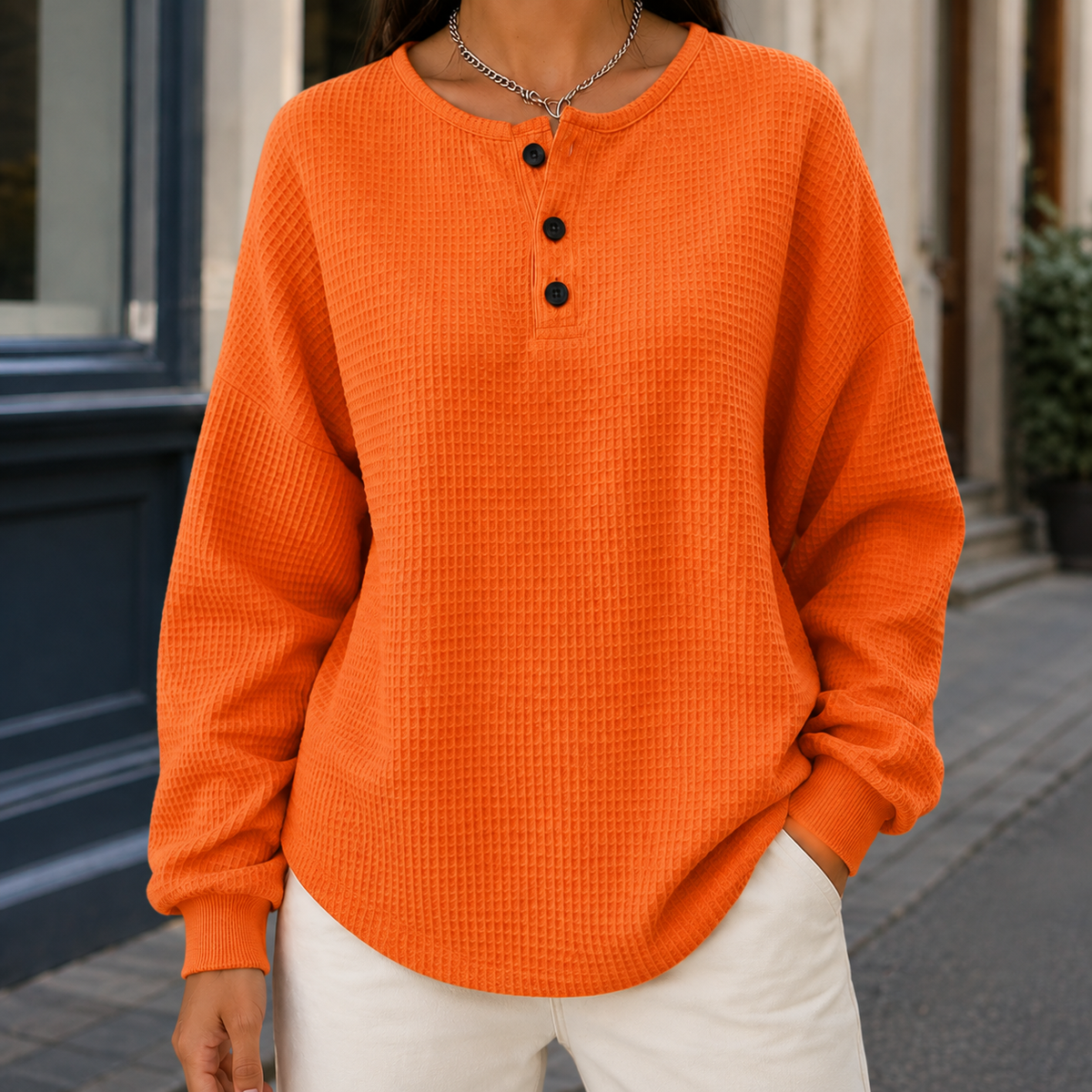 Cozy Women's Waffle Knit Henley Sweater