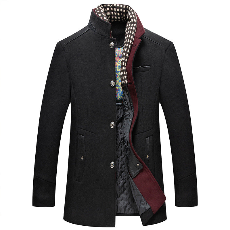Men's Sophisticated Wool Coat with Stand-Up Collar