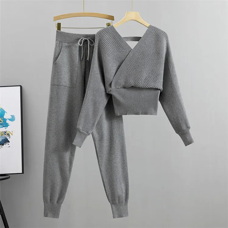 Women's V-Neck Ribbed Sweater and Jogger Set