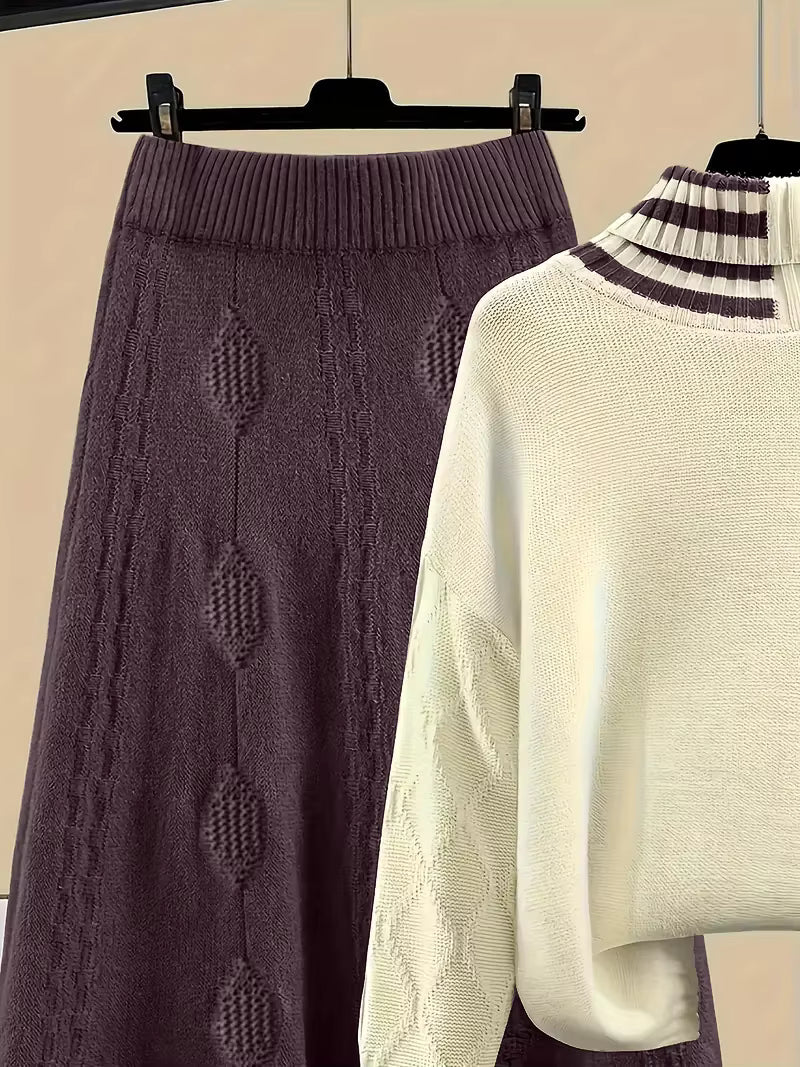 Women's Knit Set with Striped Turtleneck