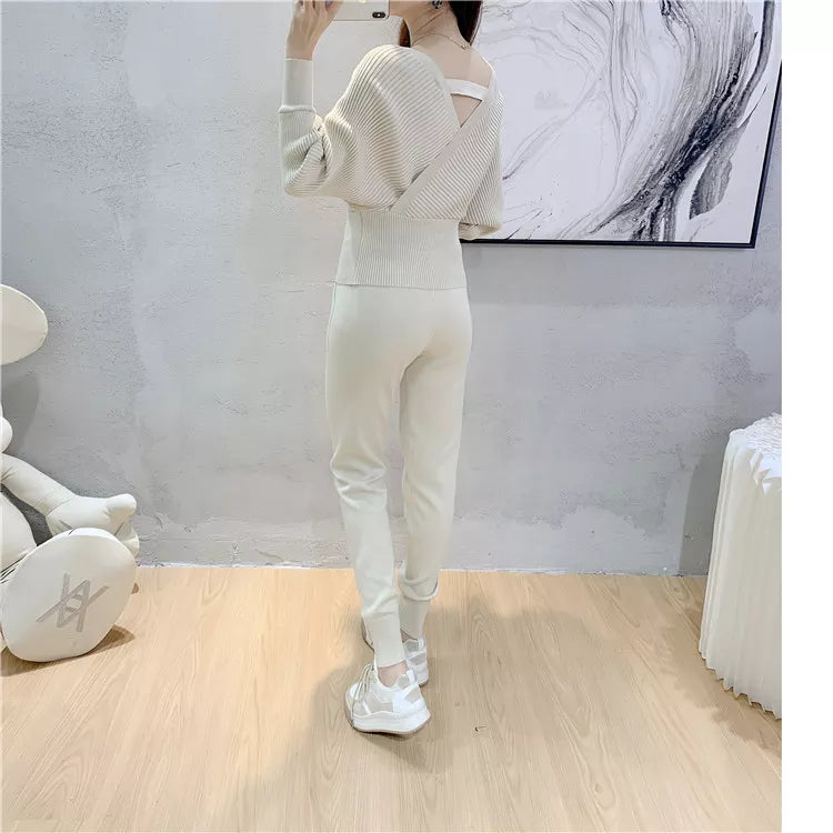 Women's V-Neck Ribbed Sweater and Jogger Set