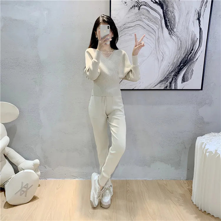 Women's V-Neck Ribbed Sweater and Jogger Set