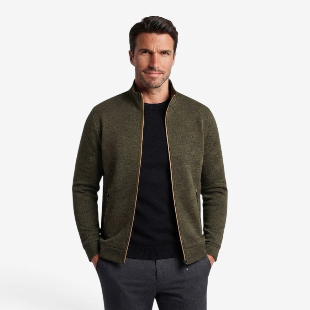 Sleek Men's Knit Zip Jacket with High Collar and Zippered Pockets