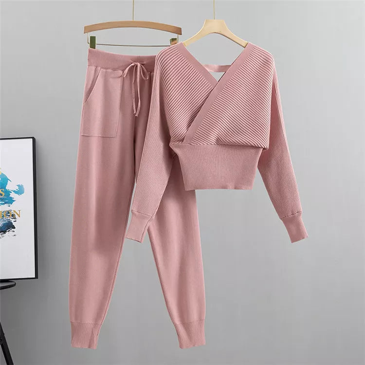 Women's V-Neck Ribbed Sweater and Jogger Set