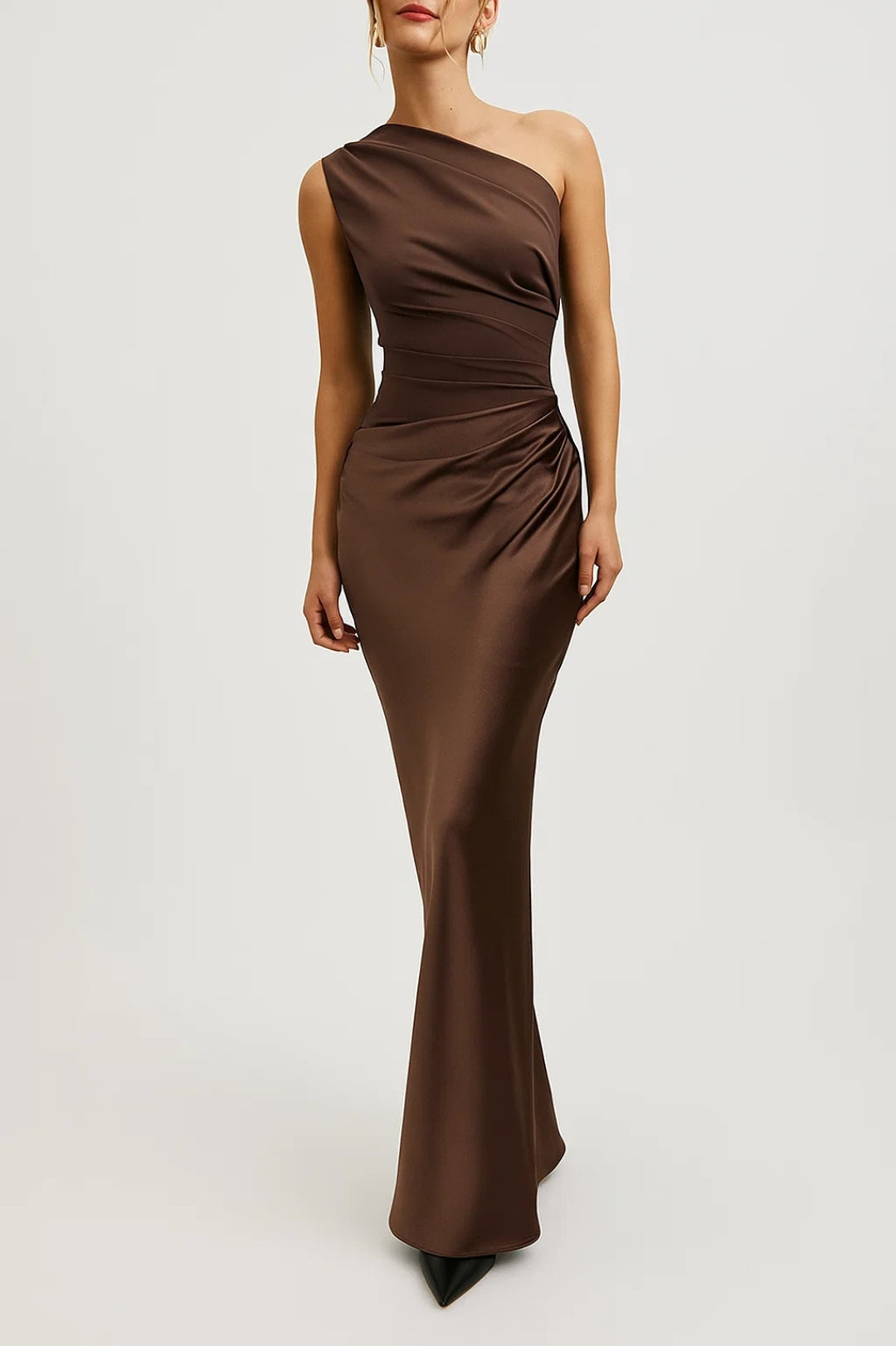 One Shoulder Maxi Dress with Pleated Waist for Women