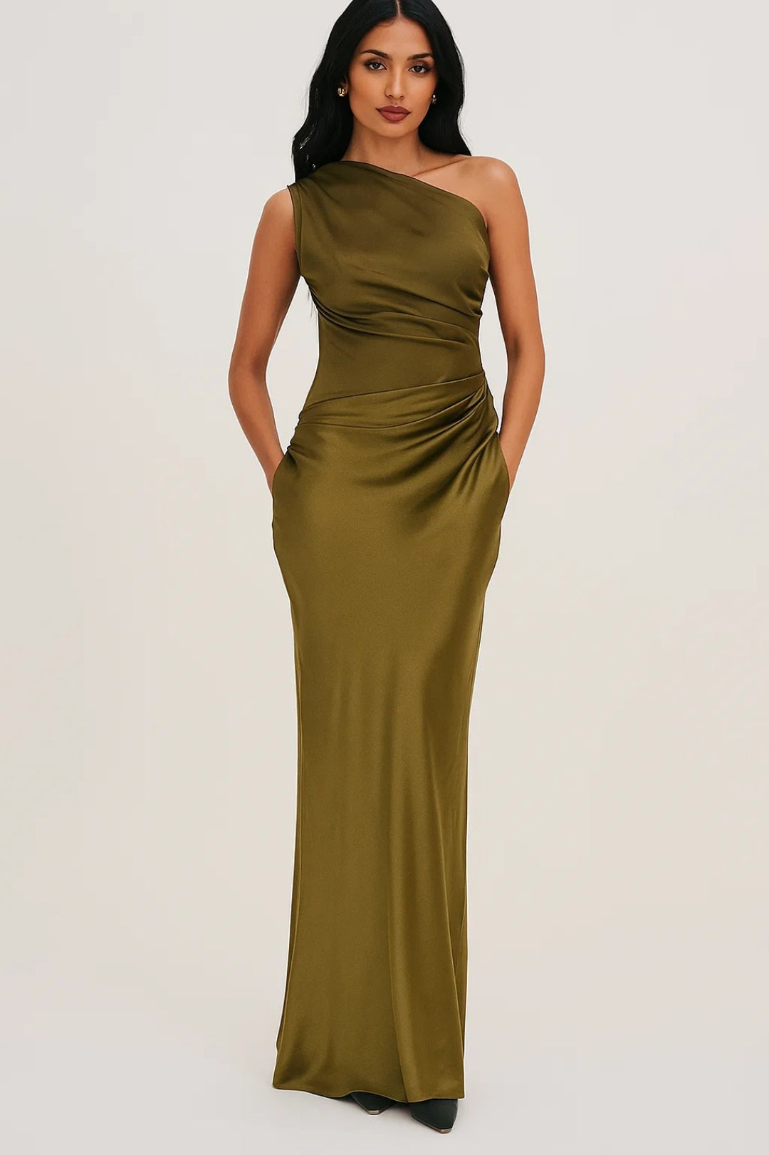 One Shoulder Maxi Dress with Pleated Waist for Women
