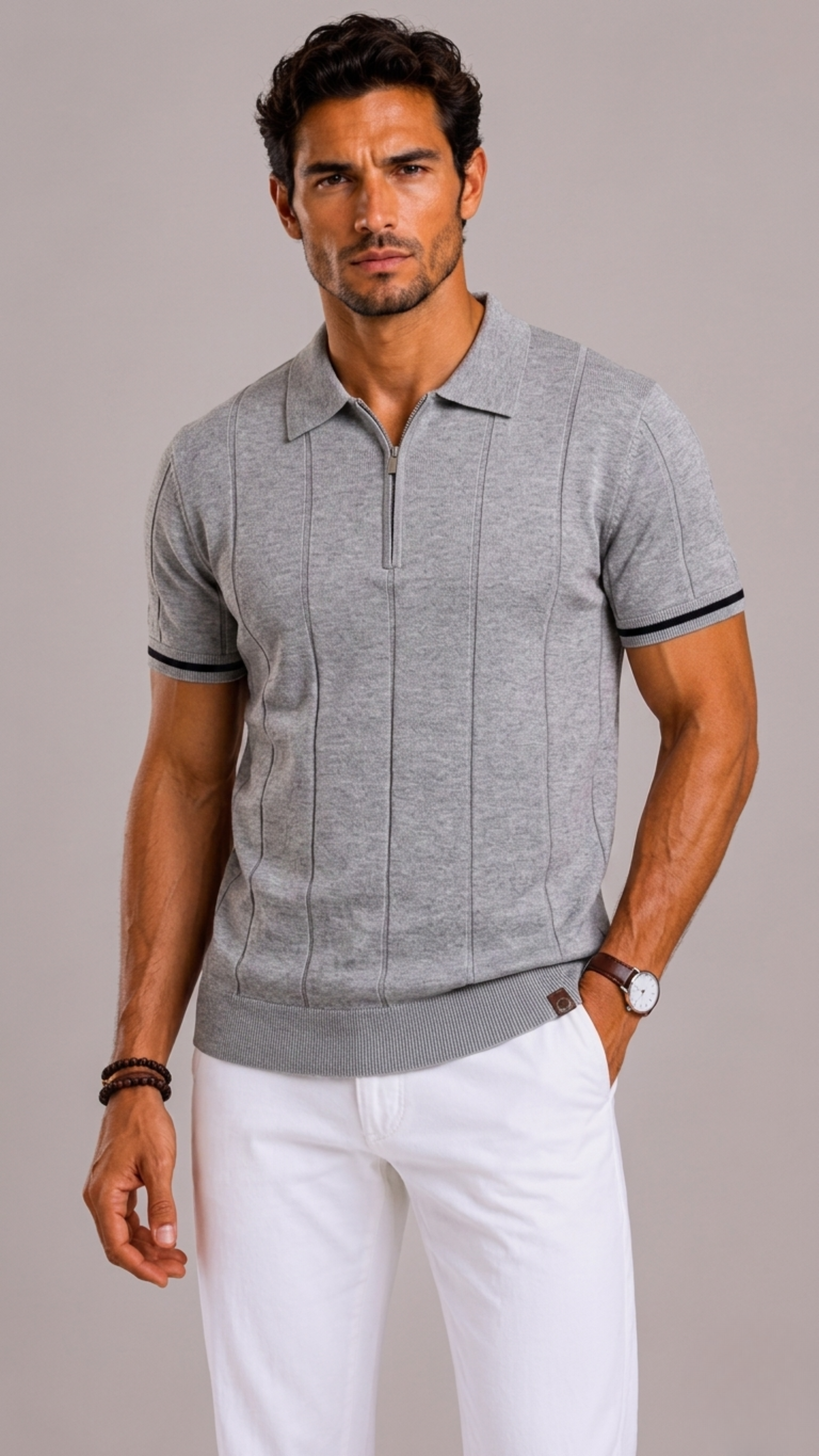 Men's Polo with Short Zip and Striped Cuffs