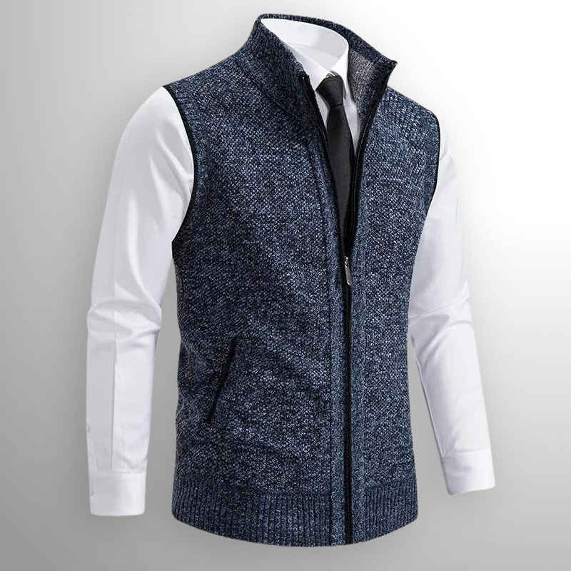 Men's Sleeveless Knitted Waistcoat with Stand-Up Collar and Zip Closure