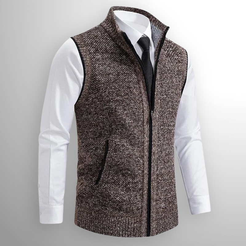 Men's Sleeveless Knitted Waistcoat with Stand-Up Collar and Zip Closure