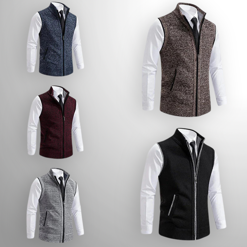 Men's Sleeveless Knitted Waistcoat with Stand-Up Collar and Zip Closure