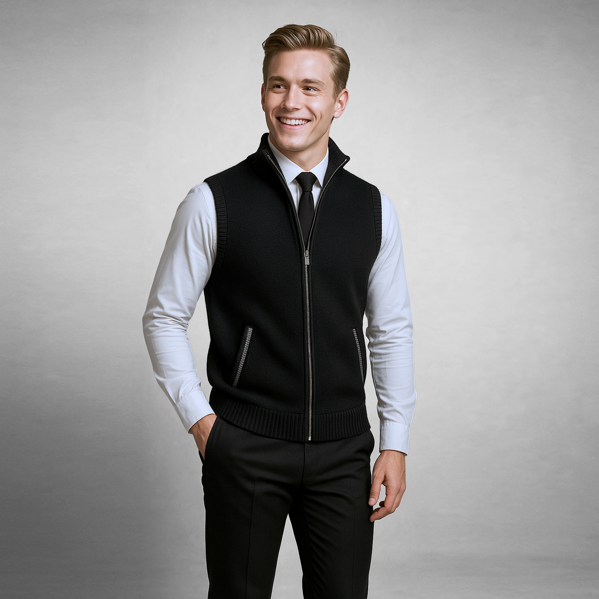 Men's Sleeveless Knitted Waistcoat with Stand-Up Collar and Zip Closure
