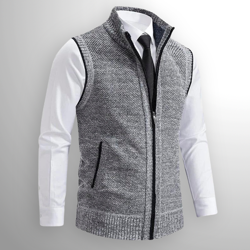 Men's Sleeveless Knitted Waistcoat with Stand-Up Collar and Zip Closure