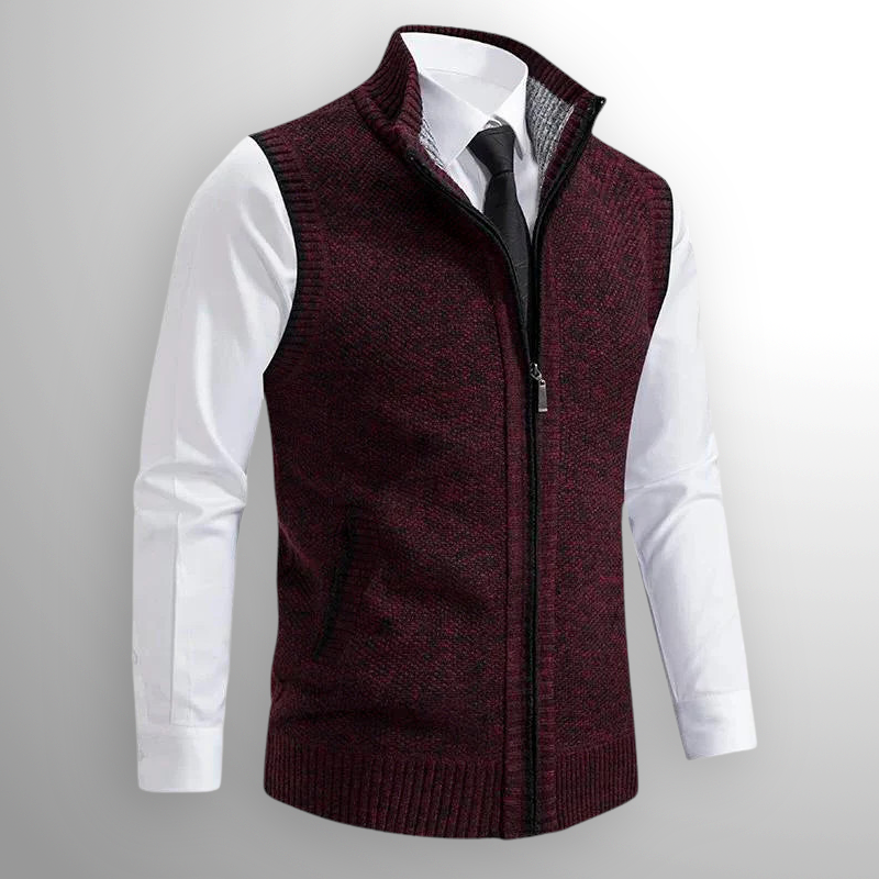 Men's Sleeveless Knitted Waistcoat with Stand-Up Collar and Zip Closure
