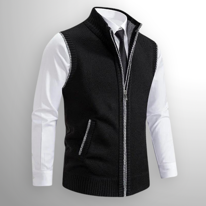 Men's Sleeveless Knitted Waistcoat with Stand-Up Collar and Zip Closure