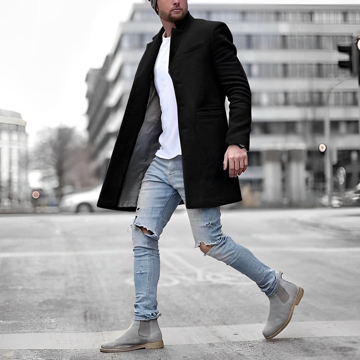 Teddy | Men's Slim-Fit Mid-Length Overcoat" can be rewritten as "Teddy | Men's Tailored Mid-Length Slim Overcoat.