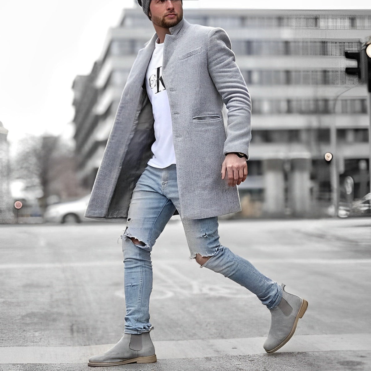 Teddy | Men's Slim-Fit Mid-Length Overcoat" can be rewritten as "Teddy | Men's Tailored Mid-Length Slim Overcoat.