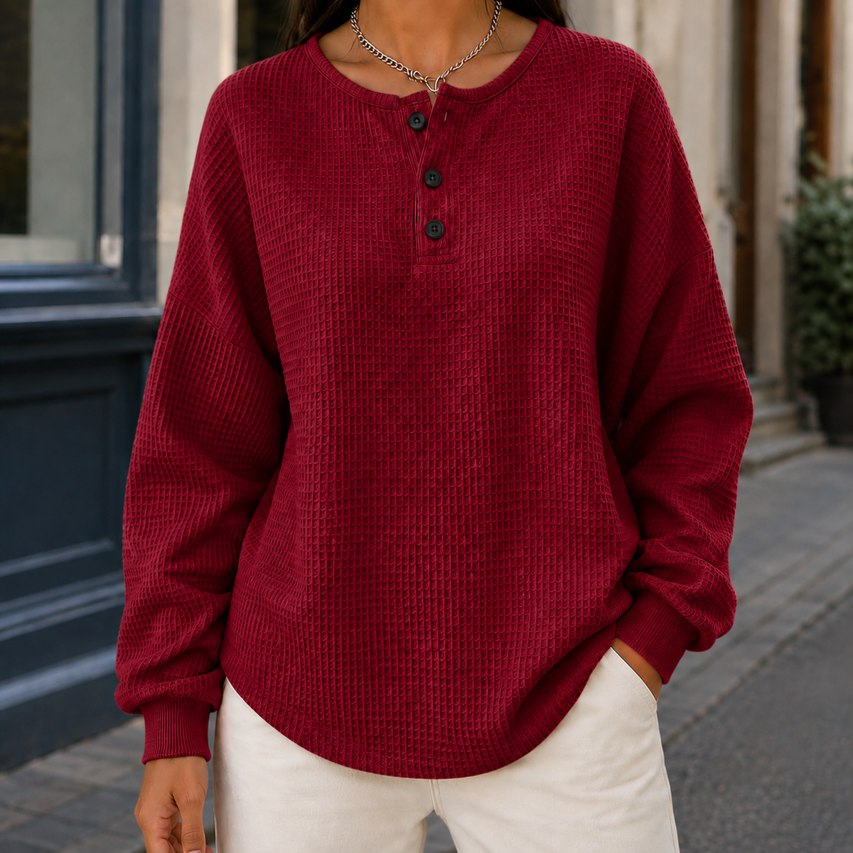 Cozy Women's Waffle Knit Henley Sweater