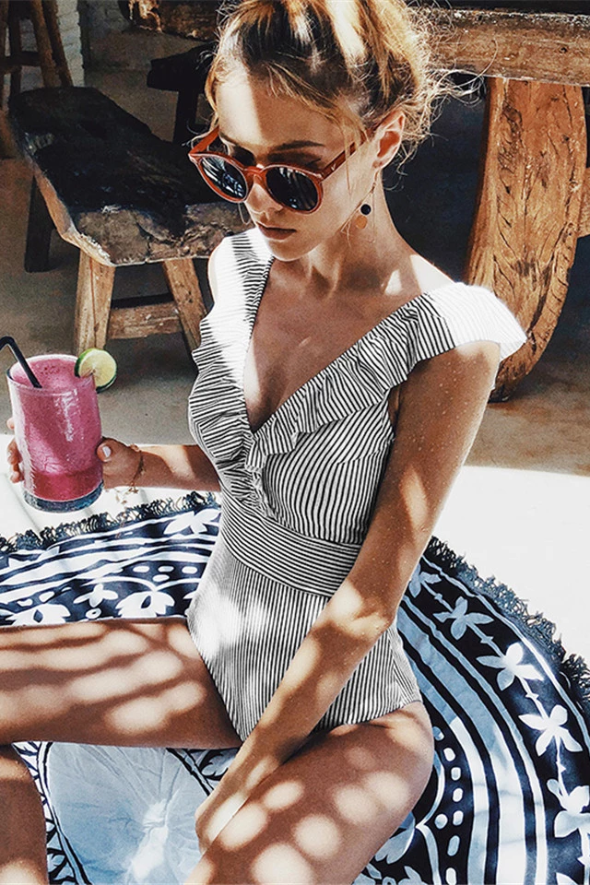 Striped Swimsuit with V-Neck and Ruffles for Women