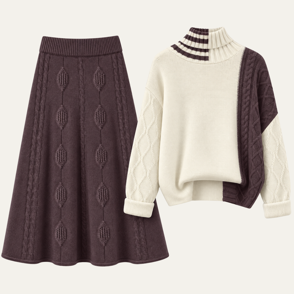 Women's Knit Set with Striped Turtleneck