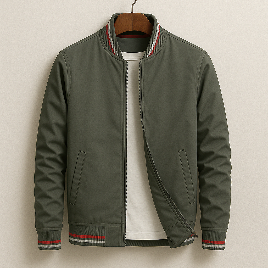 Men's Athletic-Elegant Zip-Up Jacket with Striped Accents - Cotton Blend