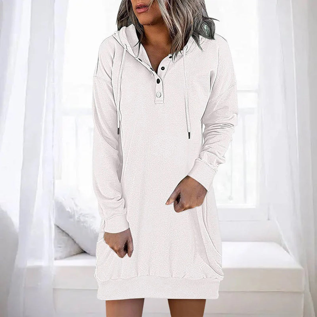 Cozy Hooded Dress Featuring Buttons and Pockets