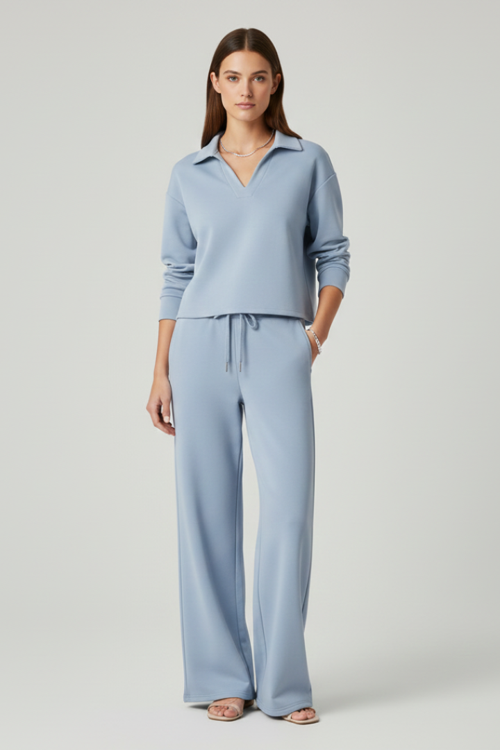 Co-ord Lounge Set for Women with V-Neck and Wide Trousers
