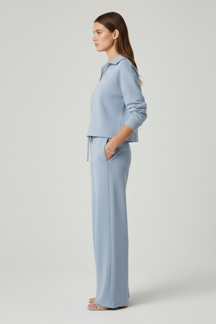 Co-ord Lounge Set for Women with V-Neck and Wide Trousers