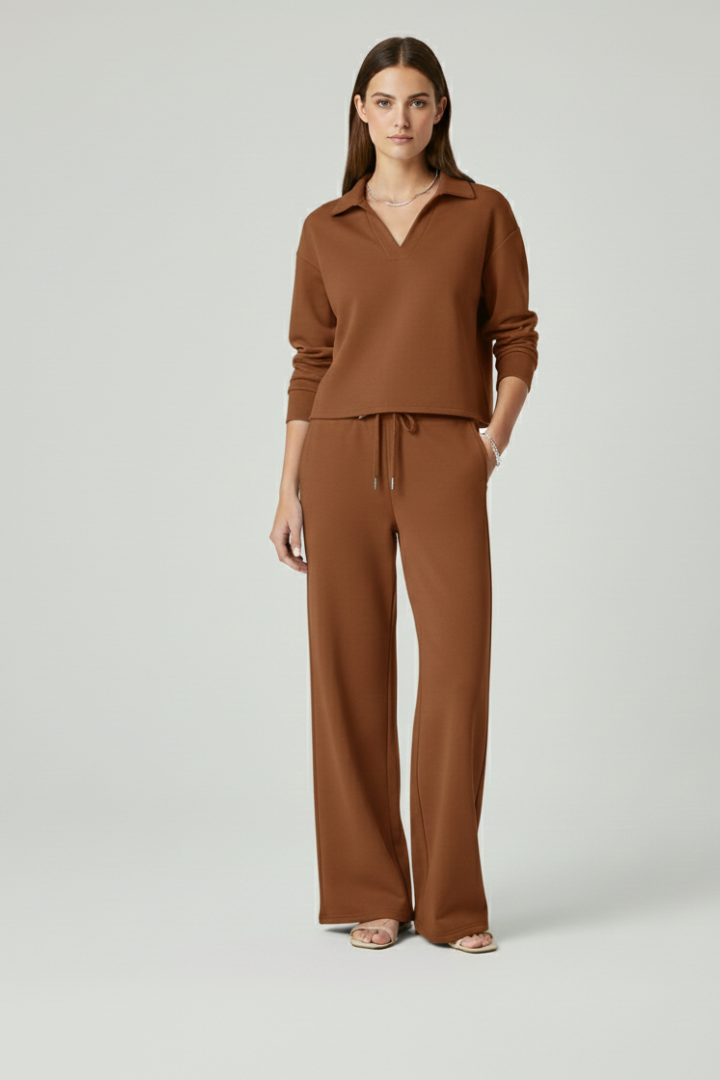 Co-ord Lounge Set for Women with V-Neck and Wide Trousers