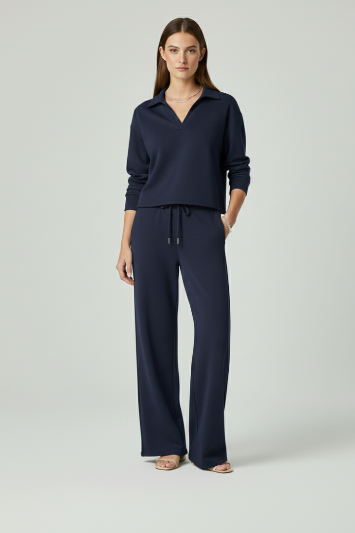 Co-ord Lounge Set for Women with V-Neck and Wide Trousers