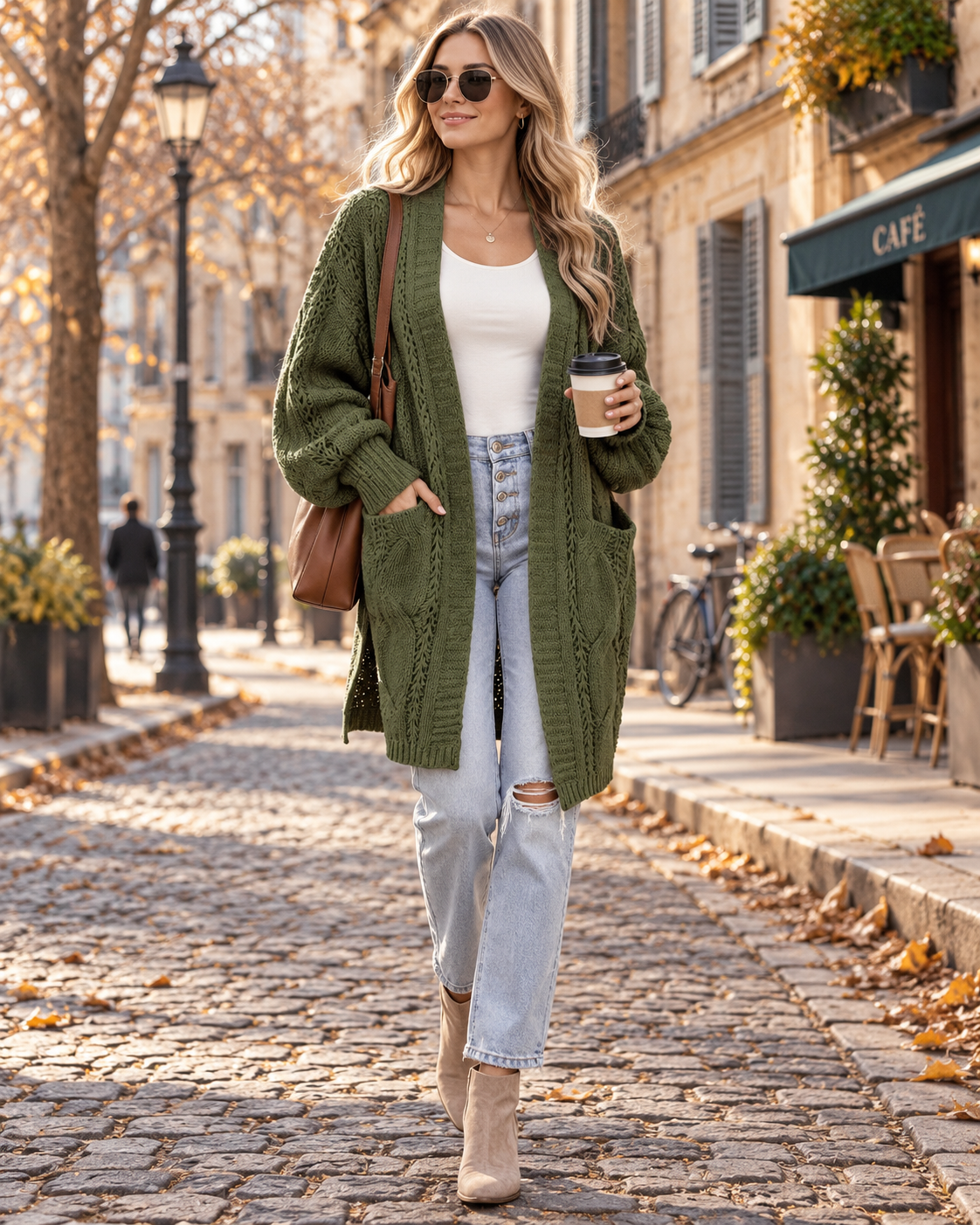 Kendra Women's Long Cardigan – Oversized Fit with Textured Knit, Balloon Sleeves, and Pockets