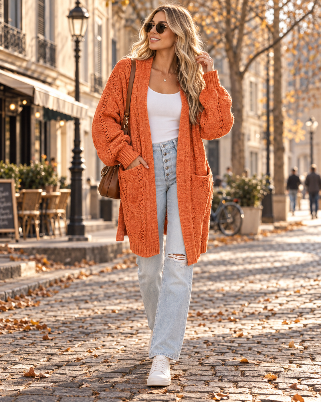 Kendra Women's Long Cardigan – Oversized Fit with Textured Knit, Balloon Sleeves, and Pockets