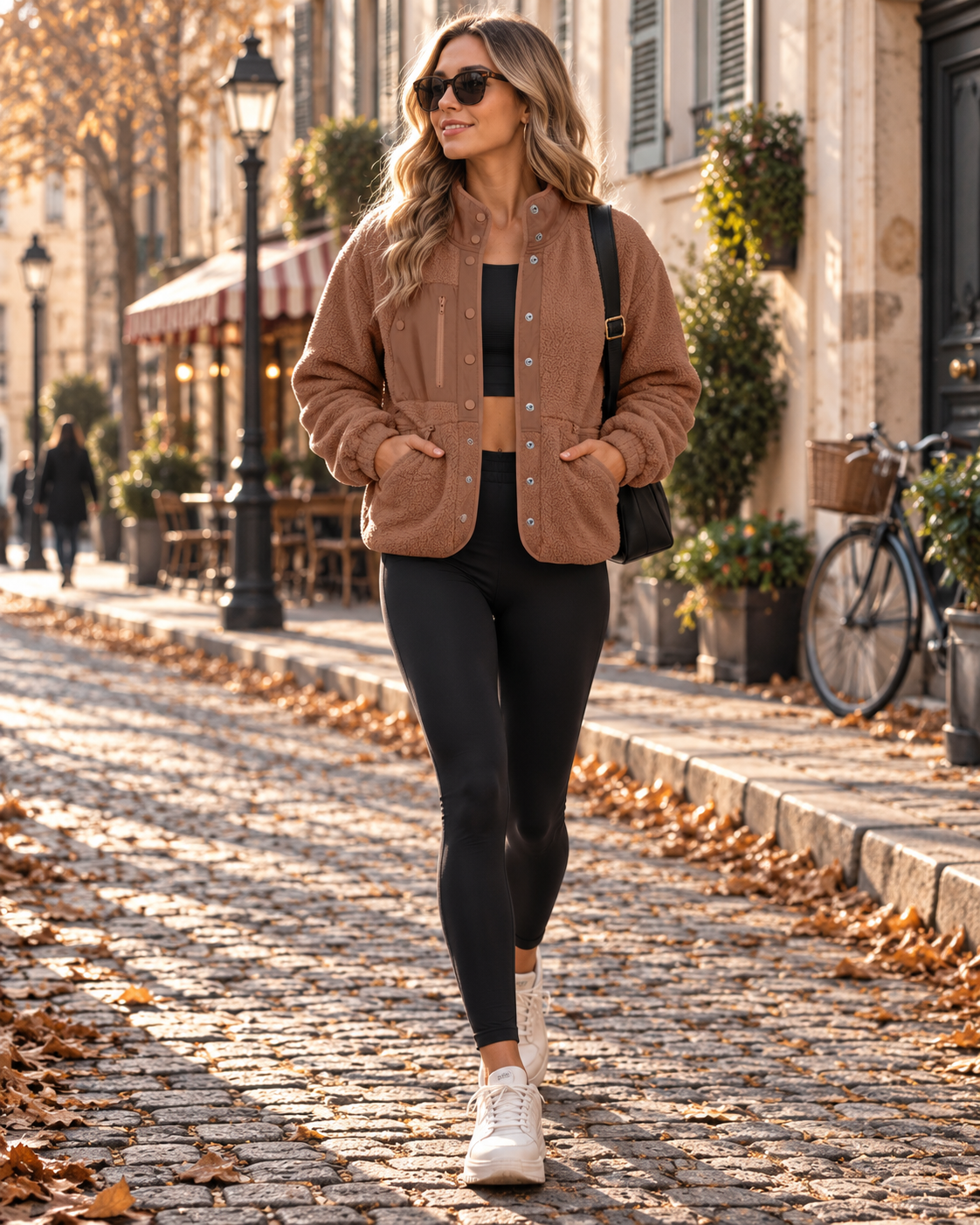 Nadia Women's Short Sherpa Jacket with High Collar, Snap Buttons, and Pockets