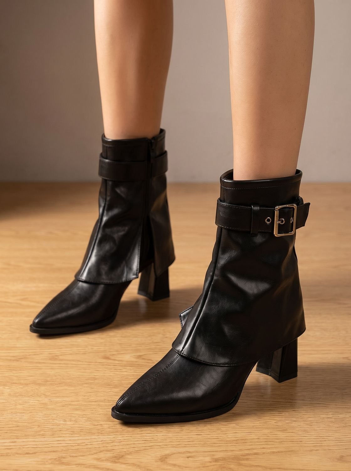 Women's Pointed Toe Ankle Boots with Block Heel and Buckle-Accented Folded Shaft