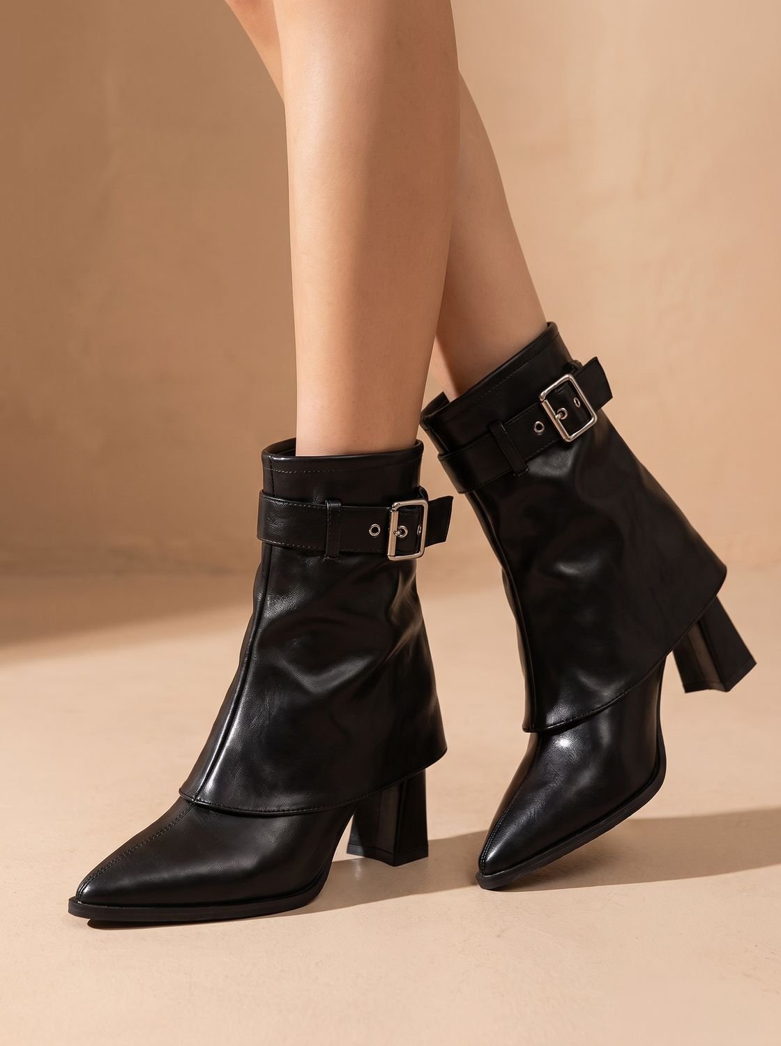 Women's Pointed Toe Ankle Boots with Block Heel and Buckle-Accented Folded Shaft