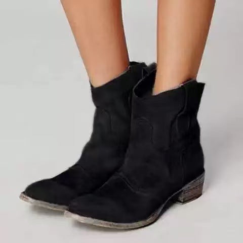 Women's Western Slouch Ankle Boots with Block Heel and V-Cut Top, Featuring Pull Tabs