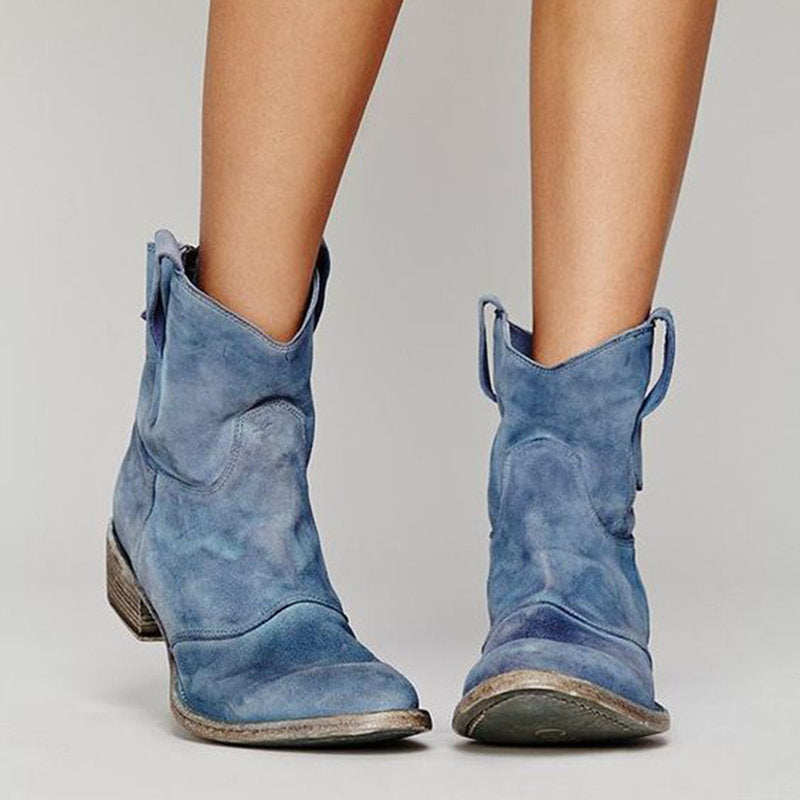 Women's Western Slouch Ankle Boots with Block Heel and V-Cut Top, Featuring Pull Tabs