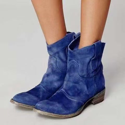 Women's Western Slouch Ankle Boots with Block Heel and V-Cut Top, Featuring Pull Tabs