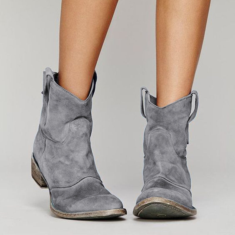 Women's Western Slouch Ankle Boots with Block Heel and V-Cut Top, Featuring Pull Tabs
