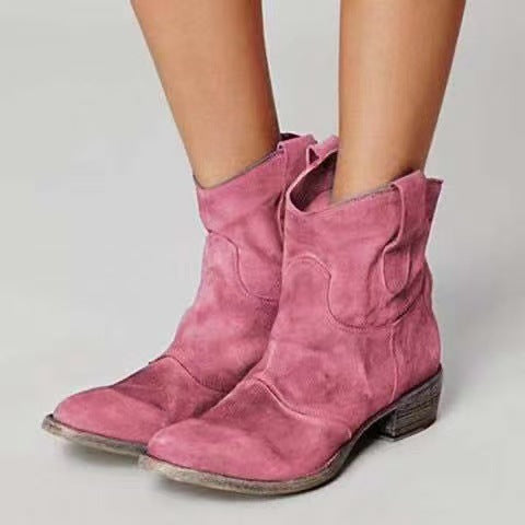 Women's Western Slouch Ankle Boots with Block Heel and V-Cut Top, Featuring Pull Tabs
