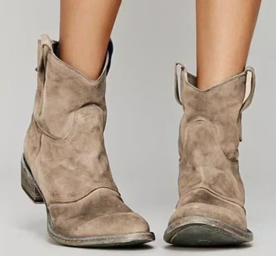 Women's Western Slouch Ankle Boots with Block Heel and V-Cut Top, Featuring Pull Tabs