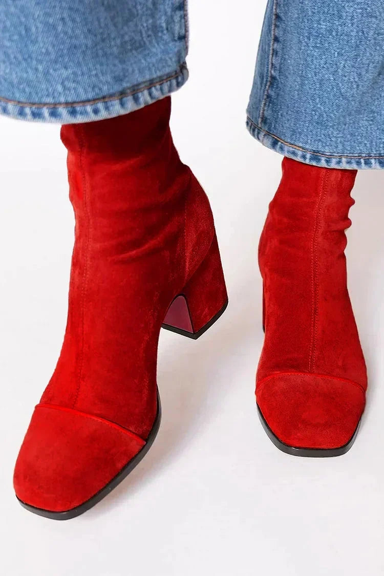 Velvety Finish Women's Ankle Boots with Square Toe and Block Heel