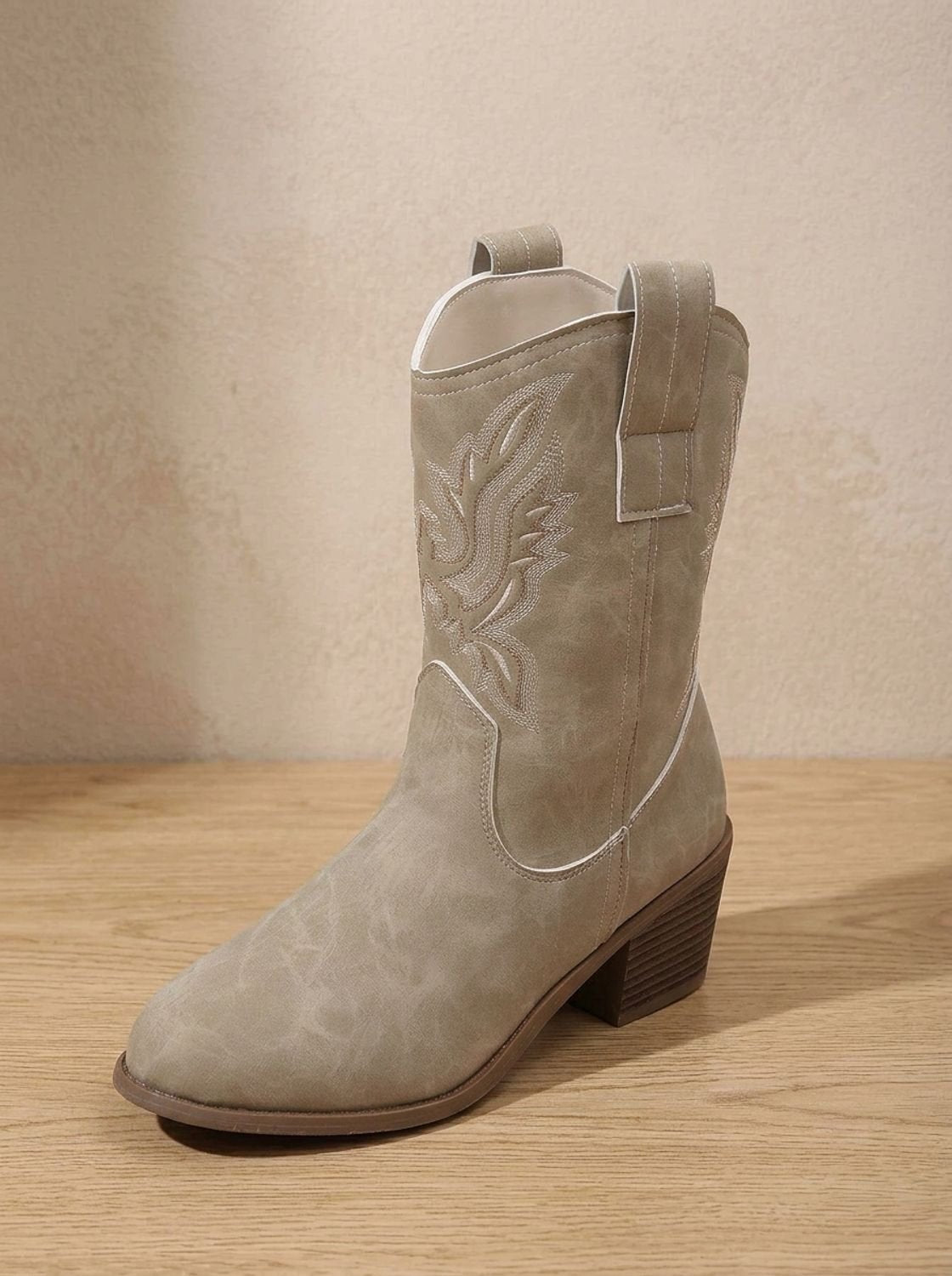 Embroidered Western Ankle Boots for Women with Block Heels and Pull Tabs